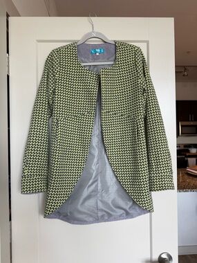 Francesca’s “Buttons” Women's Open Front Tweed Jacket in Lime/Black
